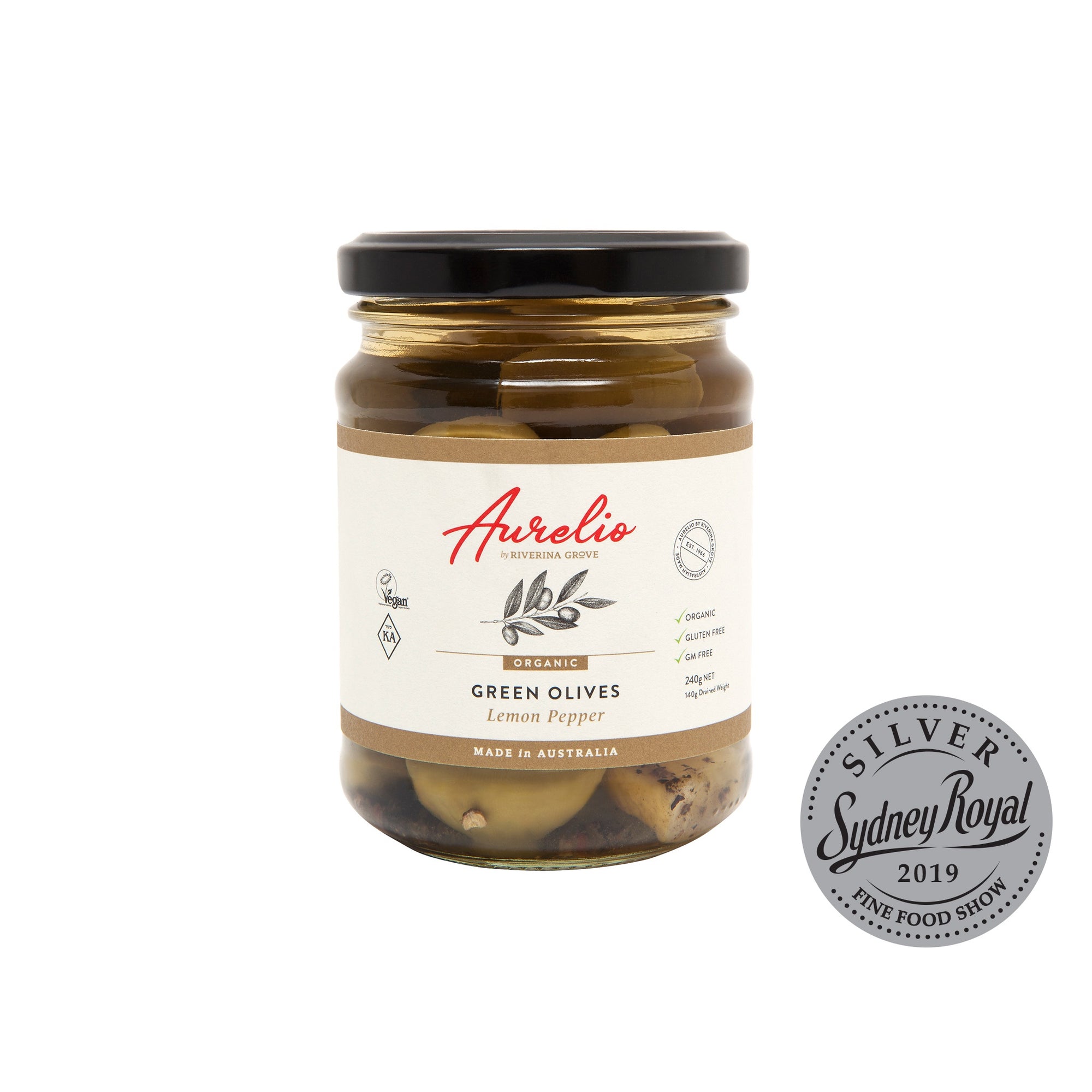 Aurelio Organic Green Olives Lemon Pepper 240g