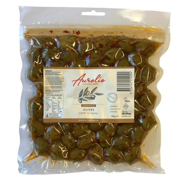 Aurelio Organic Chili Garlic Olives 300g