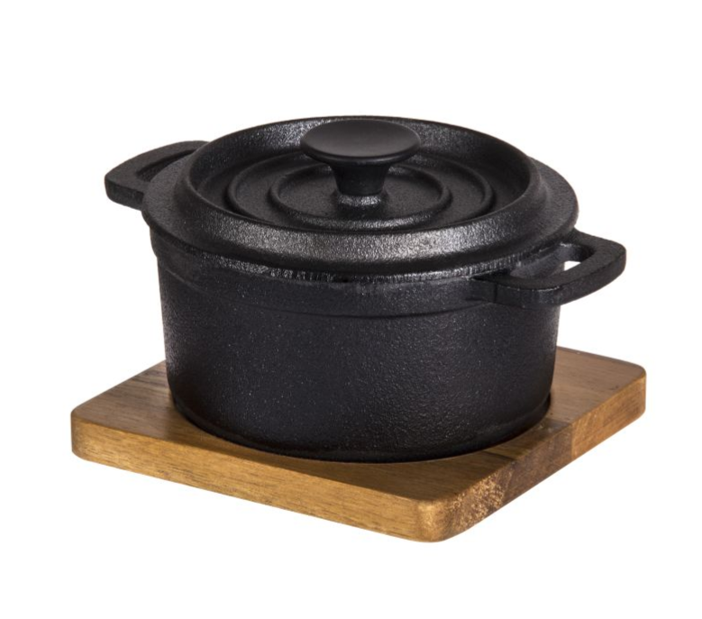 Cast Iron Pot W/Lid Acacia Trivet
