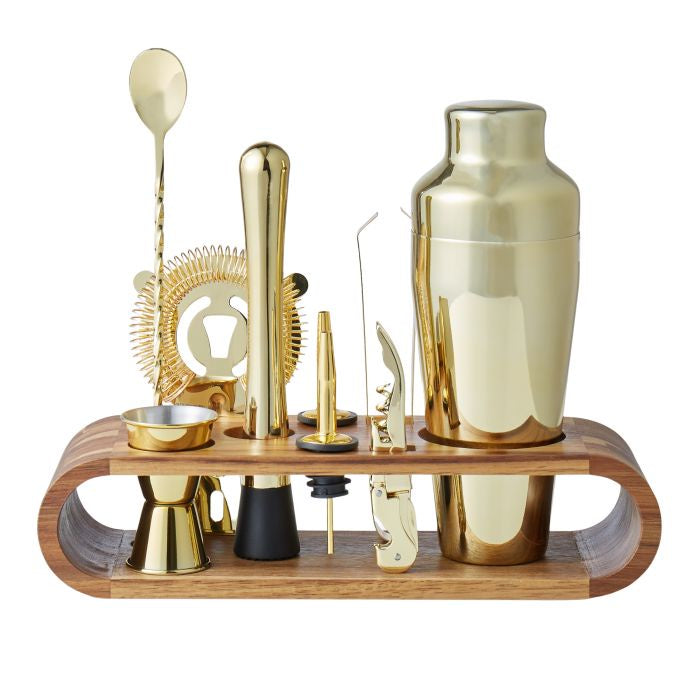 Gold Bar Set With Acacia Stand 10pc