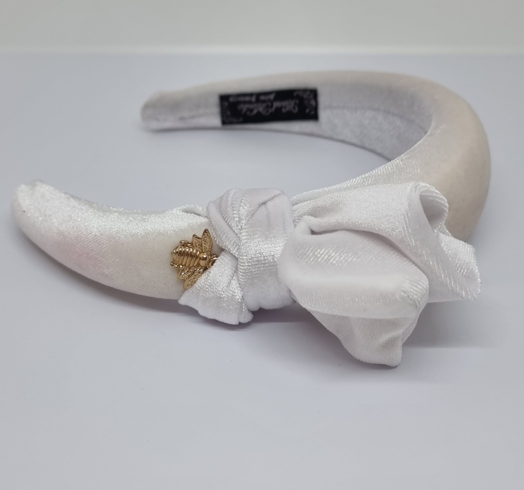 Half Bow & Bee Velvet Padded Headband White