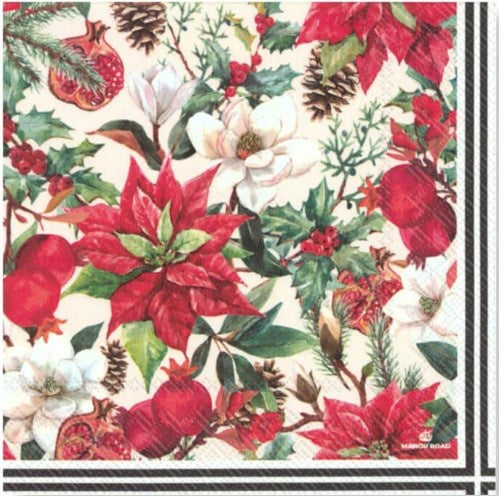 Manor Road Luncheon Napkins Poinsettia & Pomegranate 20pk